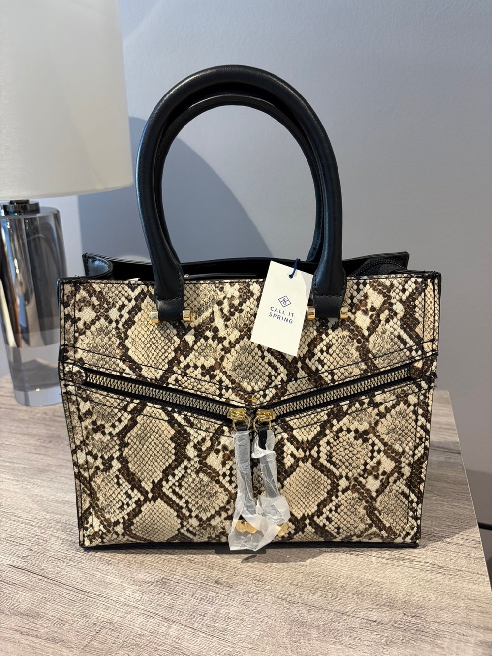 Call It Spring Beige Snake-Print Satchel with Black Handles